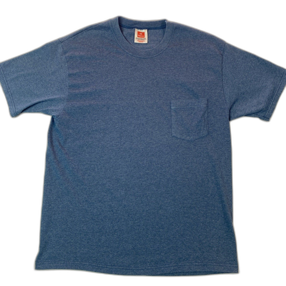 Vintage 90s Hanes Blank Heather Blue Pocket T-Shirt Mens Medium USA 50/50